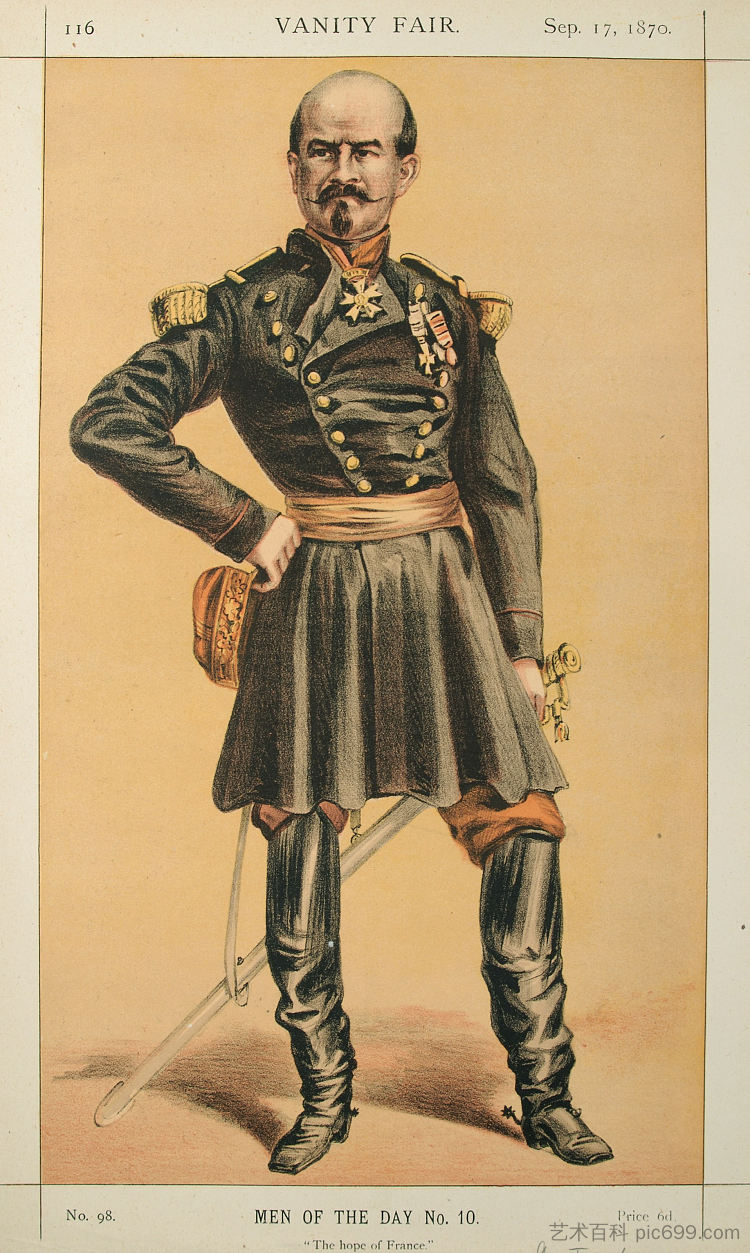 今日人物No.10° - 路易斯·朱尔斯·特罗丘将军的漫画 Men of the day No.10° - Caricature of General Louis Jules Trochu (1870)，詹姆斯·天梭