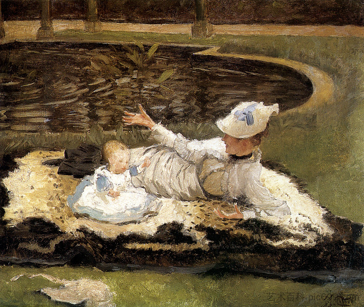 牛顿夫人和游泳池边的孩子 Mrs. Newton with a child by a pool，詹姆斯·天梭