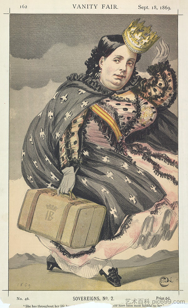 西班牙伊莎贝拉二世的君主2°漫画 Sovereigns No.2° Caricature of Isabella II of Spain (1869)，詹姆斯·天梭