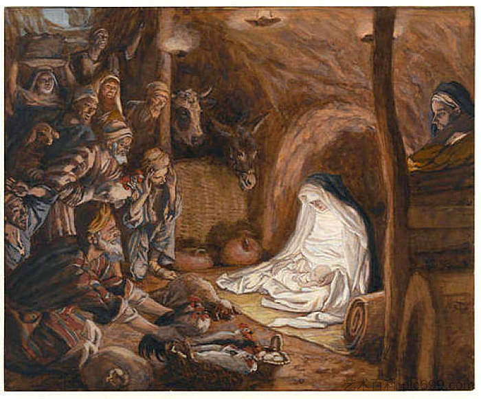 牧羊人的崇拜，“基督的生平”插图 The Adoration of the Shepherds, illustration for 'The Life of Christ' (c.1886 - c.1894)，詹姆斯·天梭