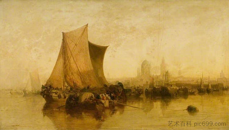 德国马恩斯的景色，与市场船 View of Mayence, Germany, with Market Boats (1871)，詹姆斯·韦伯