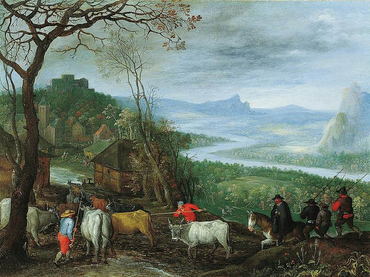 牧民驱赶牛群到村庄的风景 A Landscape with Herdsmen Driving Cattle to a Village，老扬·勃鲁盖尔