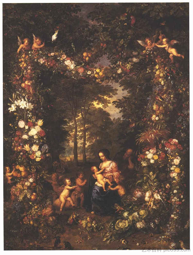 神圣的家庭与鲜花和水果的花环 Holy Family with a Garland of Flowers and Fruits，老扬·勃鲁盖尔