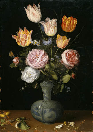彩绘陶瓷花瓶中的花朵与飞蛾 Flowers in a Painted Ceramic Vase with Moths，老扬·勃鲁盖尔