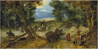 树木繁茂的景观，旅行者在路上 A wooded landscape with travelers on a path (c.1607; Belgium                     )，老扬·勃鲁盖尔