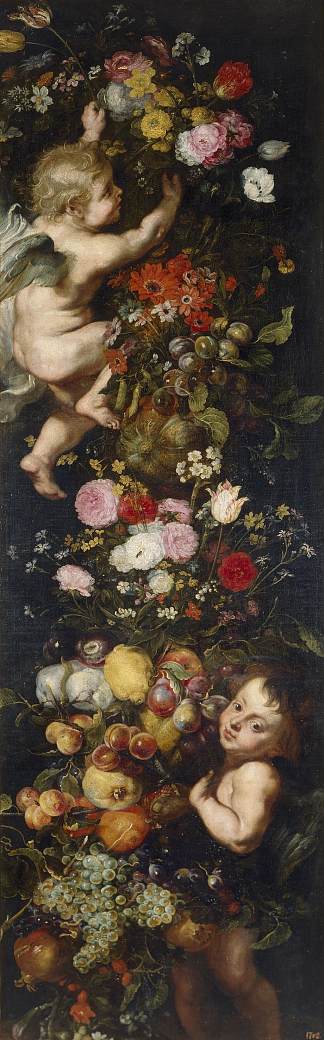 鲜花、水果和小天使的装饰品 Festoon of Flowers and Fruits and Cherubs，老扬·勃鲁盖尔