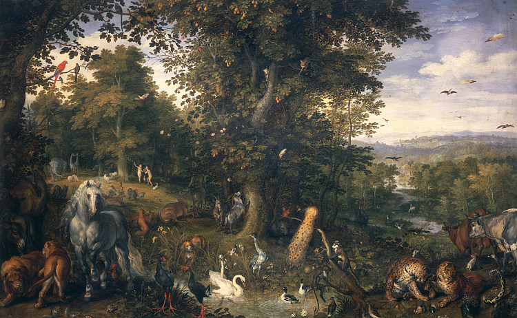 人类堕落的伊甸园 The Garden of Eden with the Fall of Man (1609; Belgium  )，老扬·勃鲁盖尔