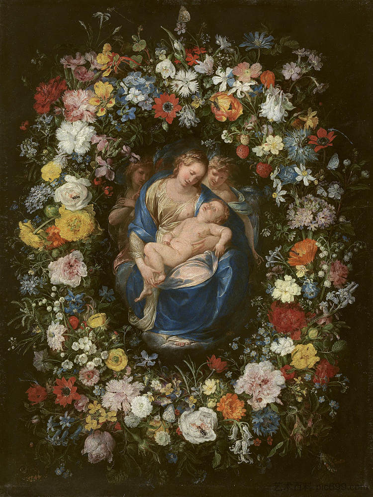 花圈与圣母子和两个天使 Wreath with Virgin and Child and Two Angels，老扬·勃鲁盖尔