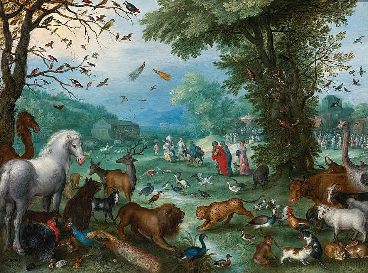 动物进入诺亚方舟的天堂景观 Paradise Landscape with the Animals Entering Noahs Ark，老扬·勃鲁盖尔