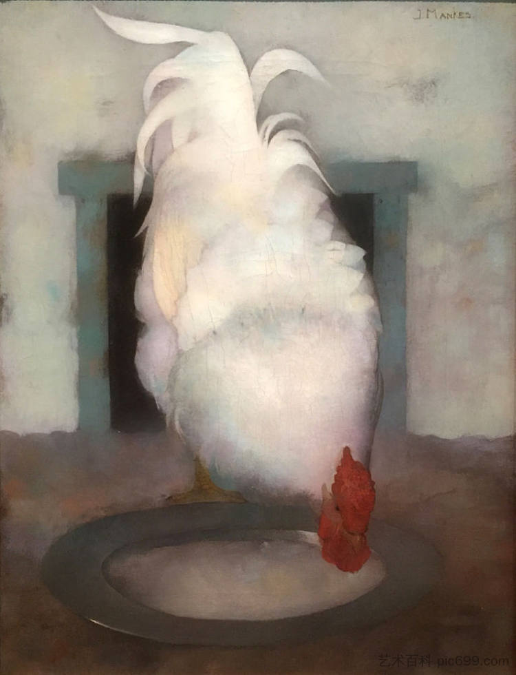 公鸡（怀恩多特）配锡盘 Rooster (wyandotte) With Tin Dish (1913)，扬·曼克斯