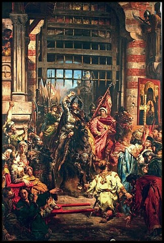 勇敢的波列斯瓦夫与斯维亚托波尔克在基辅的金门 Boleslaw the Brave with Sviatopolk at the Golden Gate in Kyiv (1883)，扬·马泰伊科