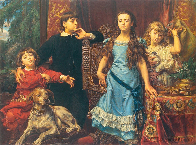 艺术家四个孩子的肖像 Portrait of the artist`s four children (1879)，扬·马泰伊科