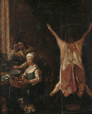 两个农民在厨房内部，附近挂着一具猪的尸体 Two Peasants in a Kitchen Interior with a Pig’s Carcass Hanging Nearby，让·米恩斯·莫勒奈尔