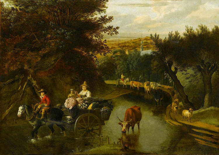 树木繁茂的景观,农民乘坐马车在被洪水淹没的道路上行驶 A Wooded Landscape with Peasants in a Horse-Drawn Cart Travelling Down a Flooded Road,简·西伯利亚
