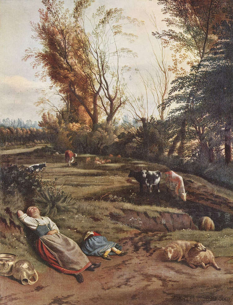 牧场与两个沉睡的牧羊女 Pasture with two sleeping Shepherdesses，简·西伯利亚