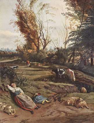 牧场与两个沉睡的牧羊女 Pasture with two sleeping Shepherdesses，简·西伯利亚