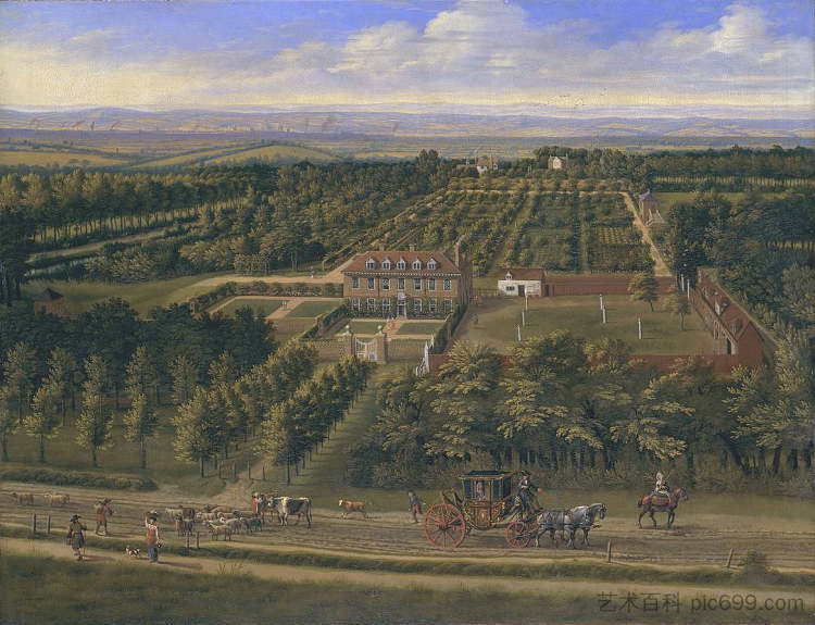 米德尔塞克斯贝尔塞斯的房屋及其庄园的景色 View of a House and its Estate in Belsize, Middlesex (1696),简·西伯利亚