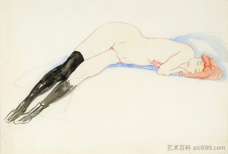 斜倚裸体黑色丝袜（问候） Reclining Nude with Black Stockings (Greet) (c.1911)，简·斯鲁伊特斯