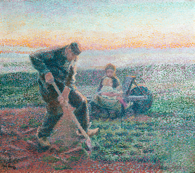 在独轮车上挖掘农民与妻子和孩子 Digging Farmer with Wife and Child on a Wheelbarrow (1888)，简·托罗普