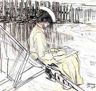 艾玛·贝尔维特在多姆堡海滩上的肖像 Portrait of Emma Bellwidt on the Beach at Domburg (1905)，简·托罗普