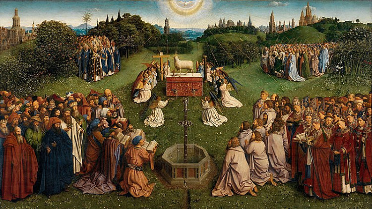 根特祭坛画。崇拜羔羊(局部) The Ghent Altarpiece. Adoration of the Lamb (detail) (1432),扬·凡·艾克