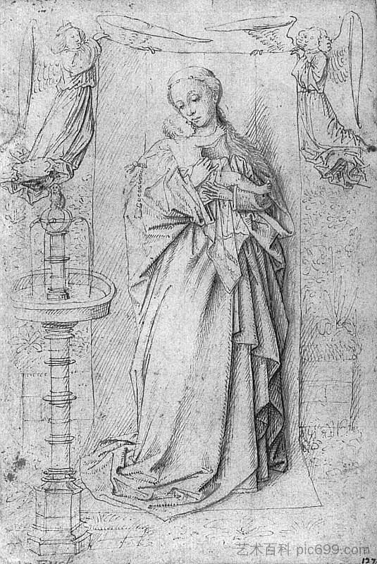 喷泉旁麦当娜的复制图 Copy drawing of Madonna by the Fountain (1439)，扬·凡·艾克