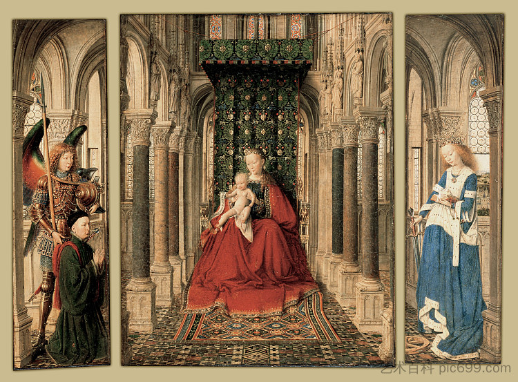 德累斯顿三联画（圣母子与圣迈克尔和圣凯瑟琳和捐赠者） Dresden Triptych (Virgin and Child with St. Michael and St. Catherine and a Donor) (1437)，扬·凡·艾克