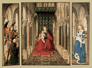 德累斯顿三联画（圣母子与圣迈克尔和圣凯瑟琳和捐赠者） Dresden Triptych (Virgin and Child with St. Michael and St. Catherine and a Donor) (1437)，扬·凡·艾克