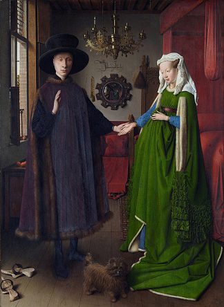阿尔诺菲尼婚礼。乔瓦尼·阿尔诺菲尼和他的妻子乔凡娜·塞纳米的肖像（阿尔诺菲尼的婚姻） The Arnolfini Wedding. Portrait of Giovanni Arnolfini and his Wife Giovanna Cenami (The Arnolfini Marriage) (1434)，扬·凡·艾克