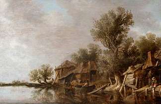 河边的小屋和渔民 Cottages and Fishermen by a River (1631)，扬·范·戈因