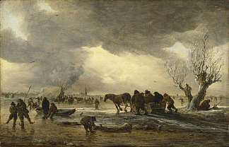 前景中有雪橇的冬季场景 Winter Scene with a Sledge in the Foreground (1653)，扬·范·戈因