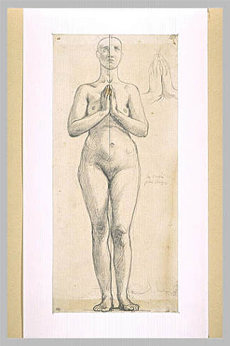 裸体女人站立，前视图，双手紧握在胸前 Nude woman standing, front view, hands clasped in front of the chest (1844)，让·奥古斯特·多米尼克·安格尔