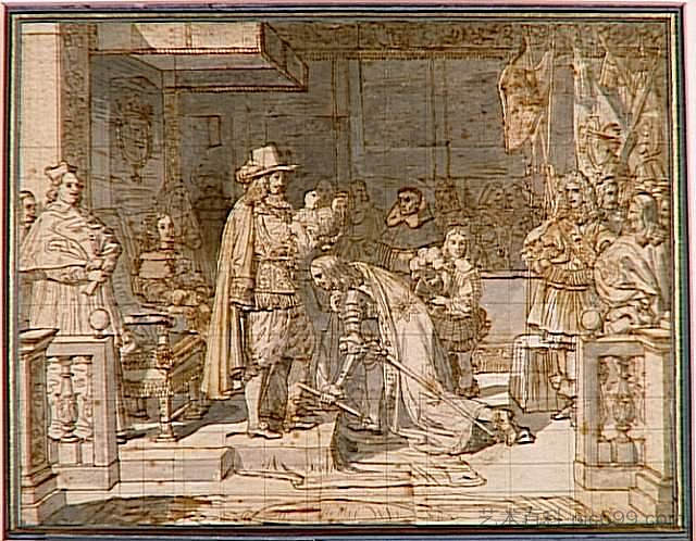 腓力五世在阿尔曼扎战役后将金羊毛交给贝里克公爵 Philip V handing around the Golden Fleece to the Duke of Berwick after the battle of Almanza (1813)，让·奥古斯特·多米尼克·安格尔