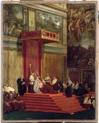 教皇庇护七世（路易吉·巴纳巴·基亚拉蒙蒂）出席礼拜堂 Pope Pius VII (Luigi Barnaba Chiaramonti) attending chapel (1820)，让·奥古斯特·多米尼克·安格尔