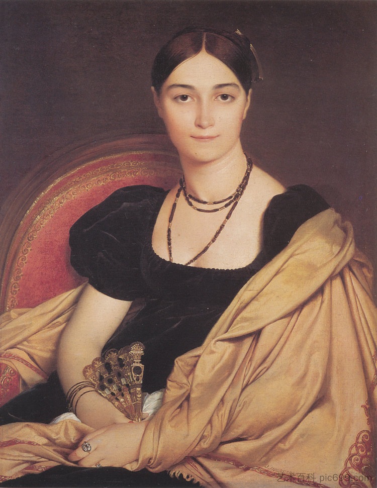 安东尼娅·德·沃凯夫人的肖像 nee de Nittis Portrait of Madame Antonia de Vaucay nee de Nittis (1807)，让·奥古斯特·多米尼克·安格尔