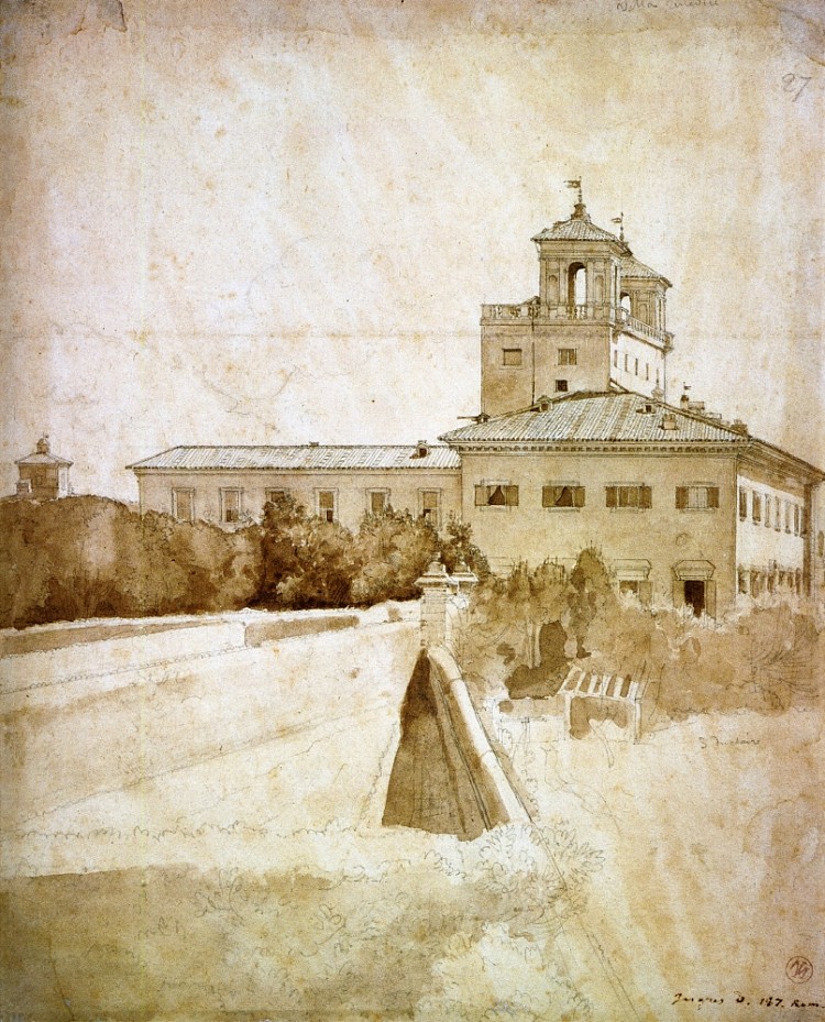 美第奇别墅景观 View of the Villa Medici (1807)，让·奥古斯特·多米尼克·安格尔
