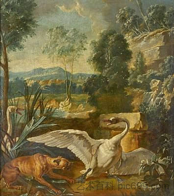 一只狗在广阔的荷兰风景中攻击天鹅 A dog attacking swans in an extensive Dutch landscape，让·巴普蒂斯特·乌德里