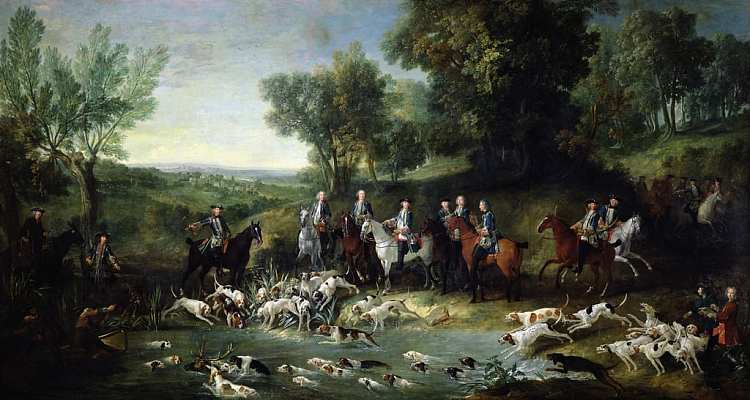 路易十五（1710-1774）在圣日耳曼森林中狩猎雄鹿 Louis XV (1710-1774) Stag Hunting in the Forest at Saint-Germain (1730)，让·巴普蒂斯特·乌德里