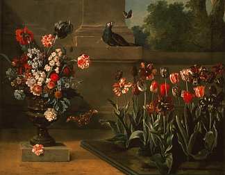 墙脚下的郁金香和花瓶 Bed of tulips and vase of flowers at the foot of a wall (1744)，让·巴普蒂斯特·乌德里