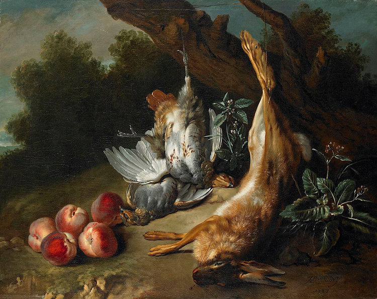 静物与死野味和桃子在风景中 Still Life with Dead Game and Peaches in a Landscape (1727)，让·巴普蒂斯特·乌德里