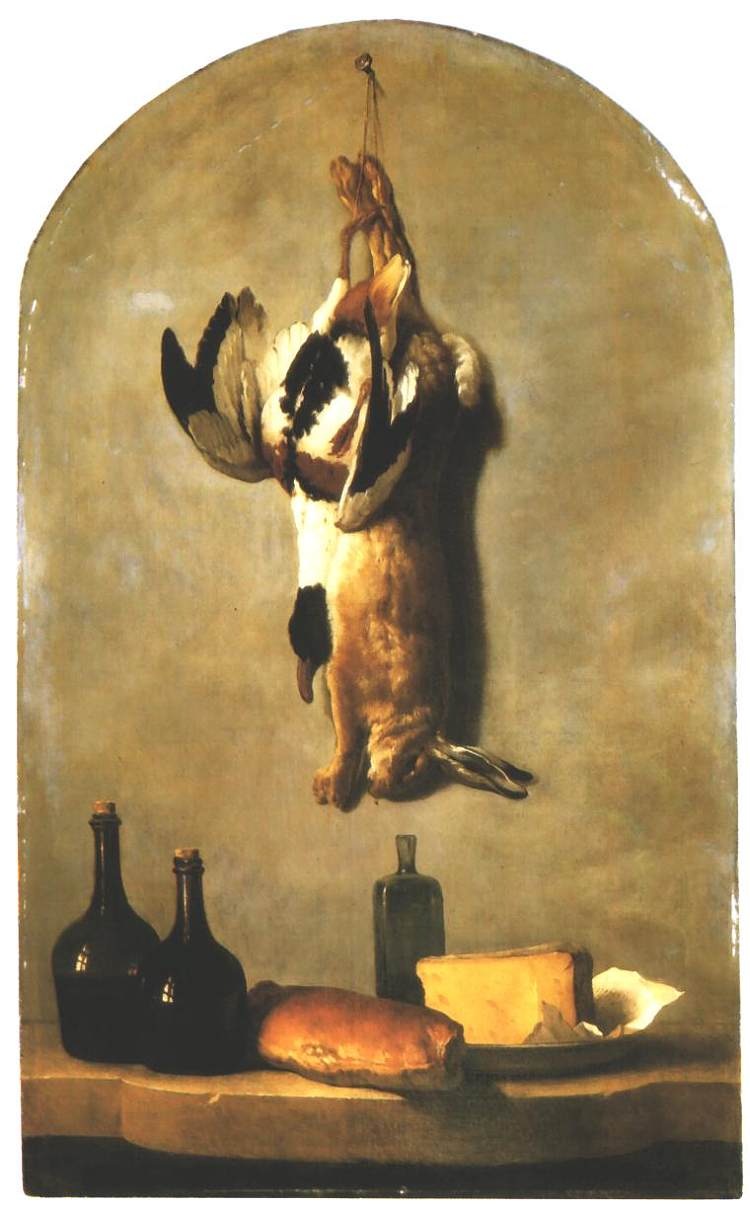 静物与野兔，鸭子，面包，奶酪和葡萄酒瓶 Still Life with Hare, Duck, Loaf of Bread, Cheese and Flasks of Wine (1742)，让·巴普蒂斯特·乌德里