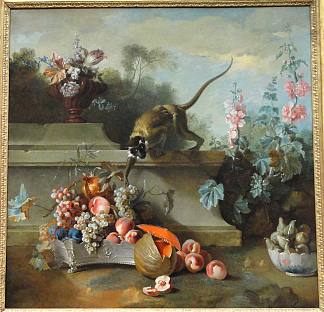 静物与猴子，水果和鲜花 Still Life with Monkey, Fruits, and Flowers (1724)，让·巴普蒂斯特·乌德里