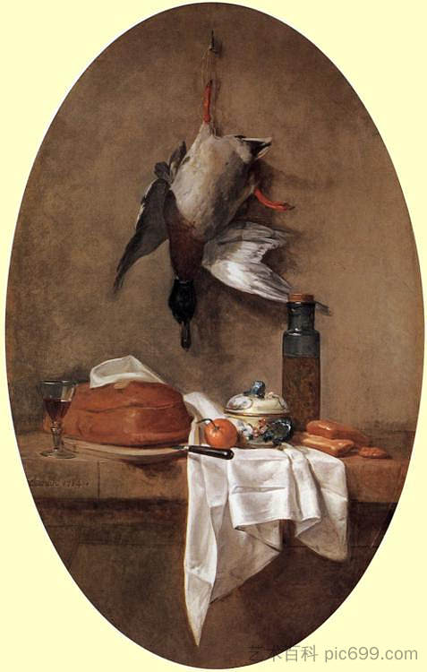 鸭子与橄榄罐 Duck with an Olive Jar (1764)，让·巴蒂斯·西美翁·夏尔丹