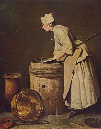 女人，擦洗碗碟 Frau, Geschirr scheuernd (c.1736)，让·巴蒂斯·西美翁·夏尔丹