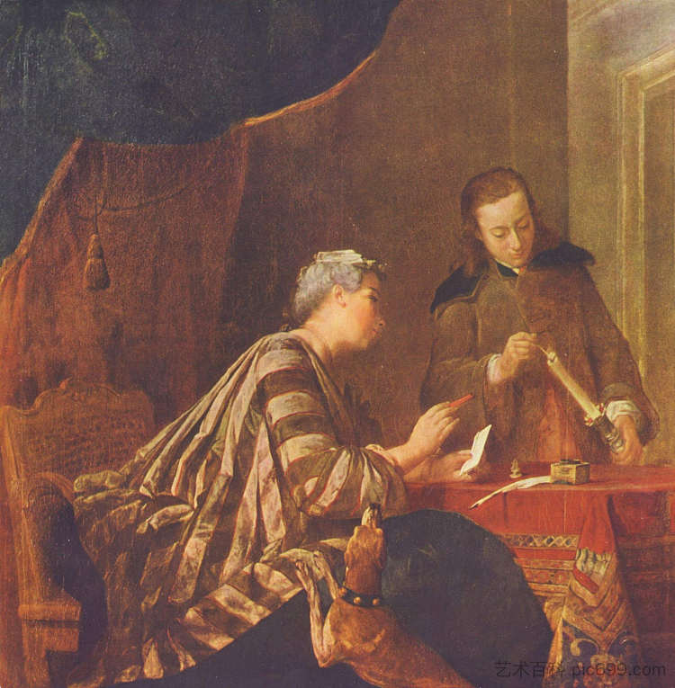 女士封信 Lady Sealing a Letter (c.1732)，让·巴蒂斯·西美翁·夏尔丹