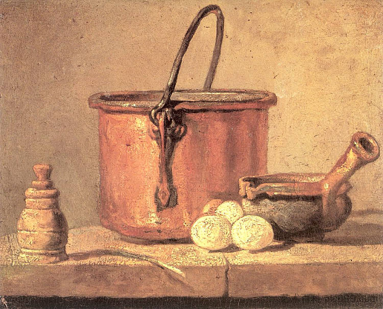 炊具、大锅、砂锅和鸡蛋的静物 Still Life of Cooking Utensils, Cauldron, Casserole and Eggs (c.1733 - c.1734)，让·巴蒂斯·西美翁·夏尔丹