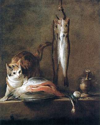 静物与猫和鱼 Still Life with Cat and Fish (1728)，让·巴蒂斯·西美翁·夏尔丹