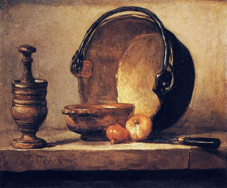 静物与杵，碗，铜锅，洋葱和刀 Still Life with Pestle, Bowl, Copper Cauldron, Onions and a Knife (c.1734 - c.1735)，让·巴蒂斯·西美翁·夏尔丹