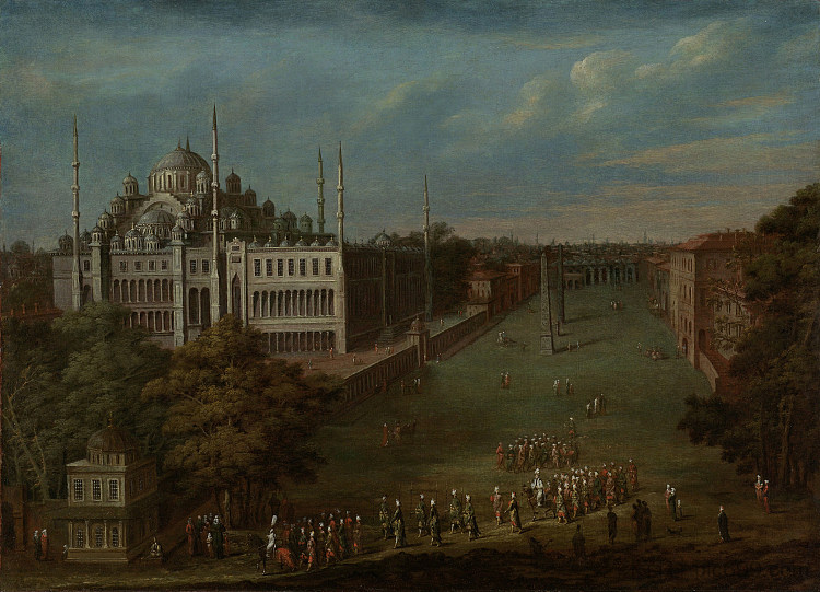 大遮阳板穿过阿特梅丹尼（竞技场） The grand visor crosses the Atmeydanı (Hippodrome) (c.1720 - c.1737)，让·巴蒂斯特·范莫尔