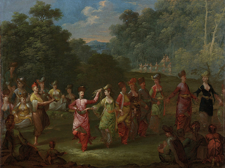 希腊男人和女人跳着霍拉舞 Greek Men And Women Dance The Khorra (c.1720 - c.1737)，让·巴蒂斯特·范莫尔